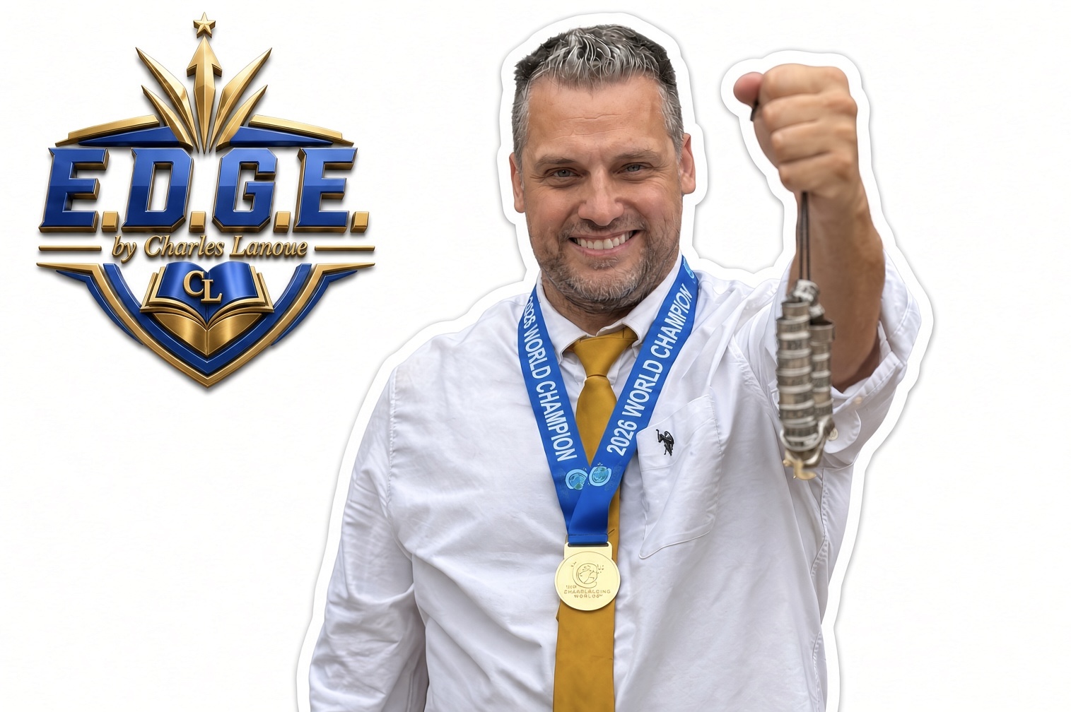 Charles wearing his 2026 World Champion medal beside the EDGE logo