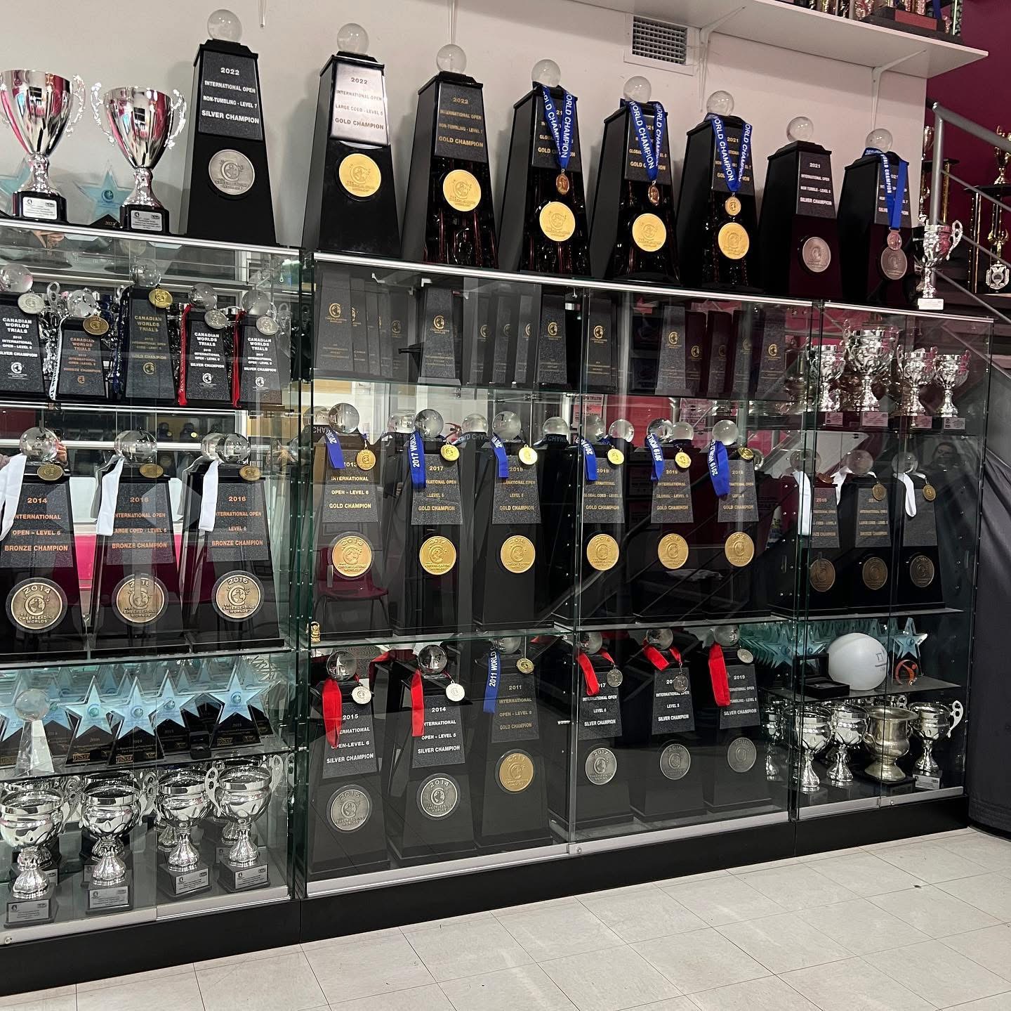 A gym trophy wall